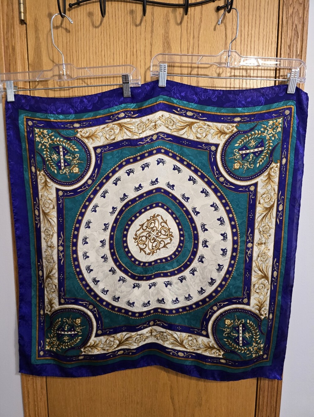 Ornate Teal & Purple Decorative Scarf - Luxury Crest Design